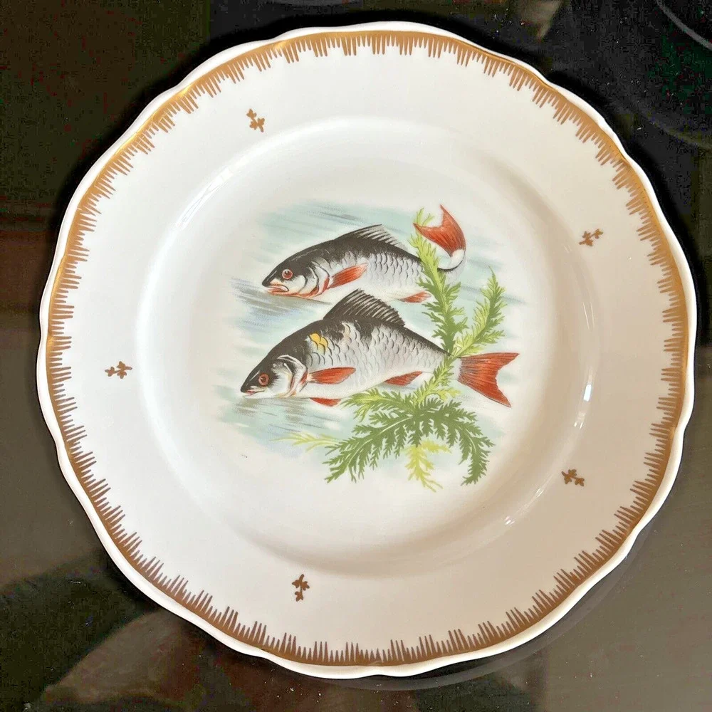 Hand Painted Fish Pattern Porcelain Dinner Plate Made In France Gold Gilt Rim